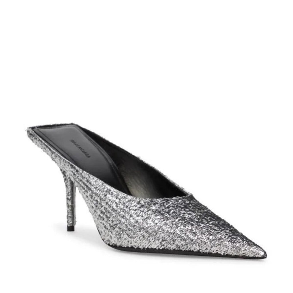 Balenciaga Knife Glitter High Heel Mules in Silver Titanium Size 36 New in Box