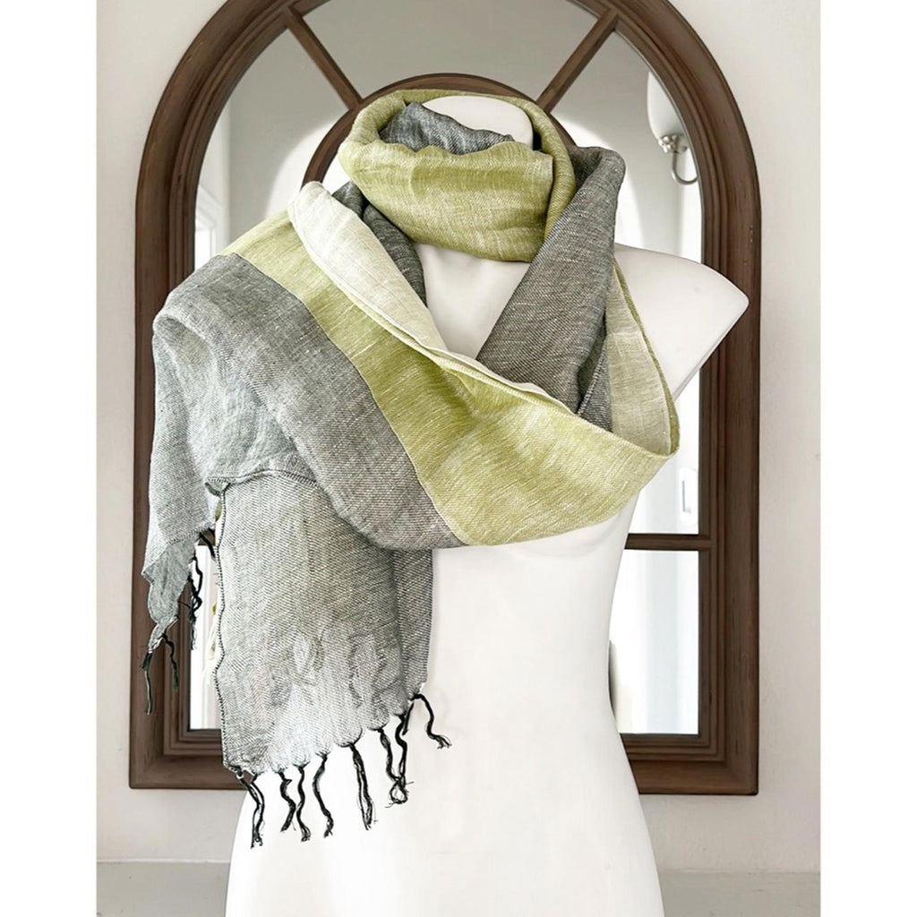 Linen Scarf with Feather Fringe, Green, Grey EXCELLENT!