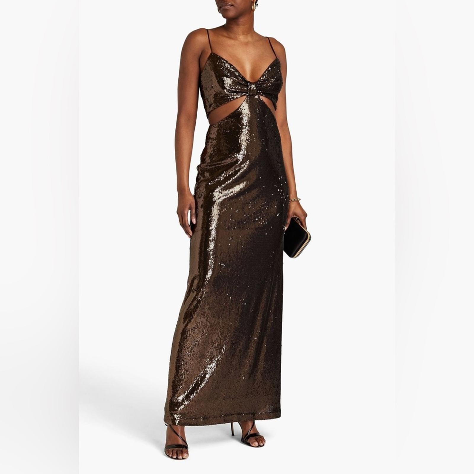 Halston Chloe Cutout Sequined Tulle Gown, Brown Size 4 New w/Tag Retail $595