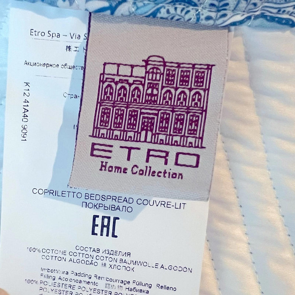 ETRO Home Loures Queen Quilted Bedspread, Paisley White & Blue, New with Tag