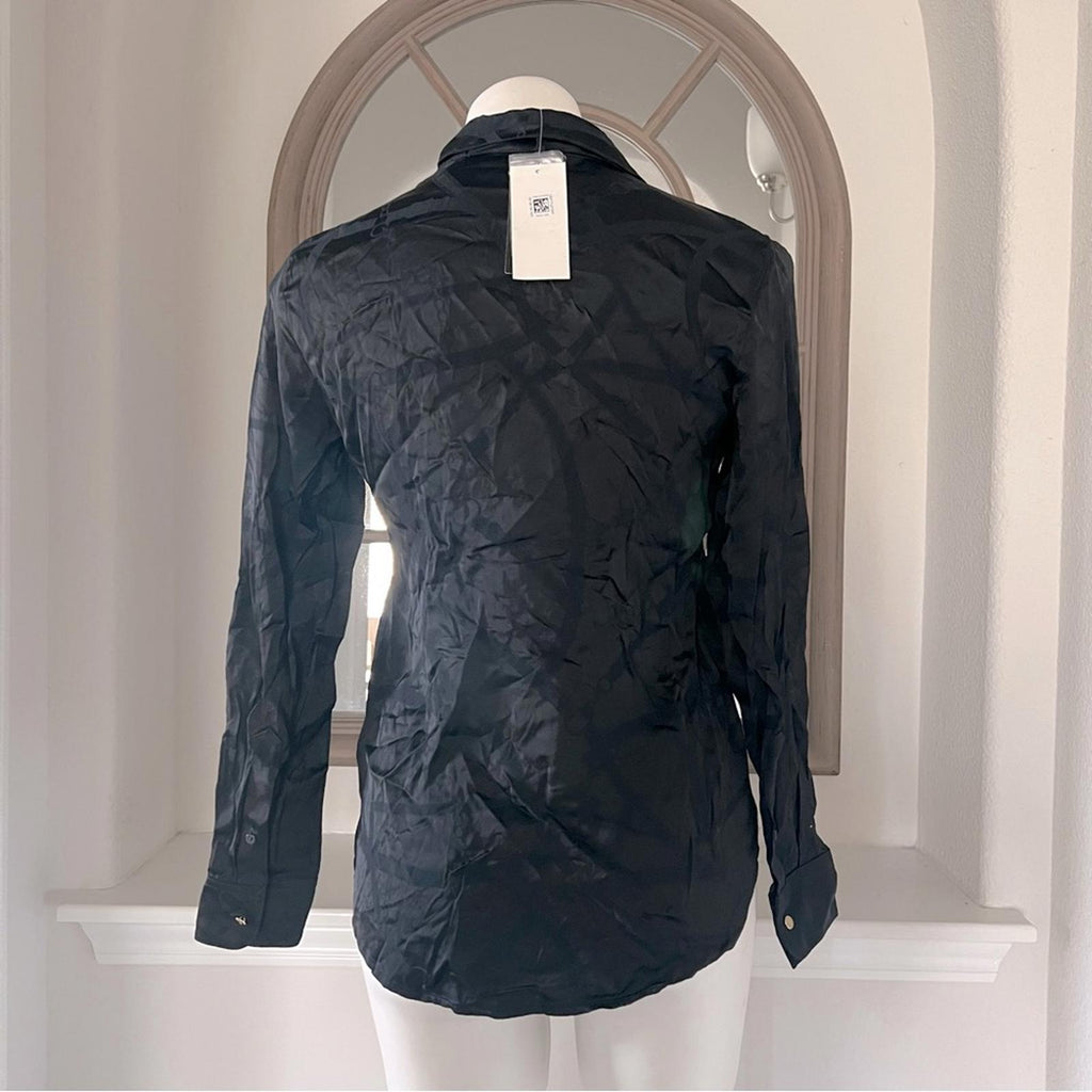 Lauren Ralph Lauren Belting-Motif Jacquard Tie-Neck Shirt Black Size XS NEW wTag