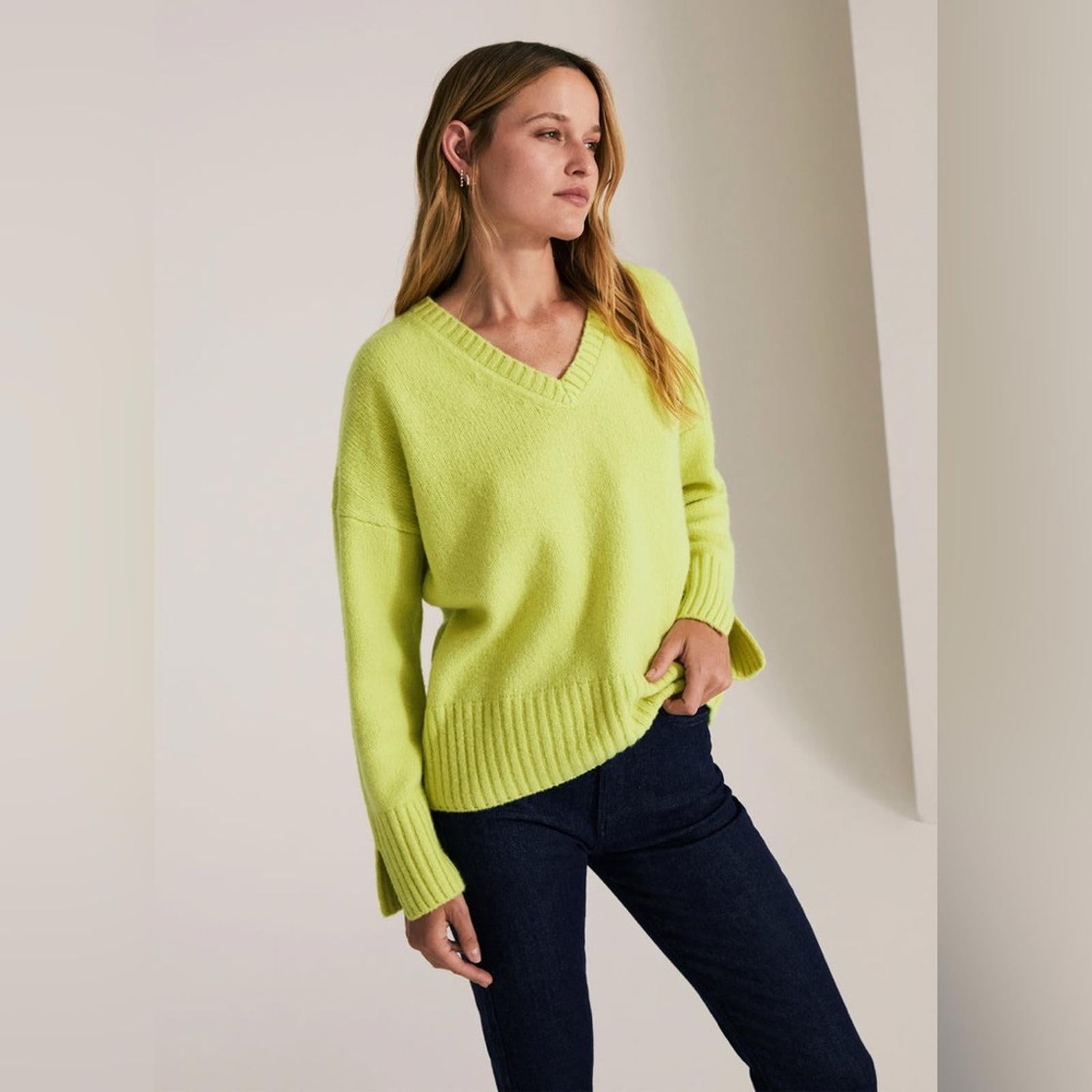Favorite Daughter The William V-Neck Wool & Cashmere Blend Sweater, Citron NWT
