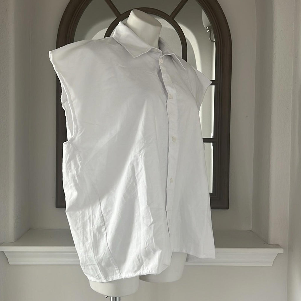 ZARA White Denim Button Up Sleeveless Shirt, Size L New w/Tag
