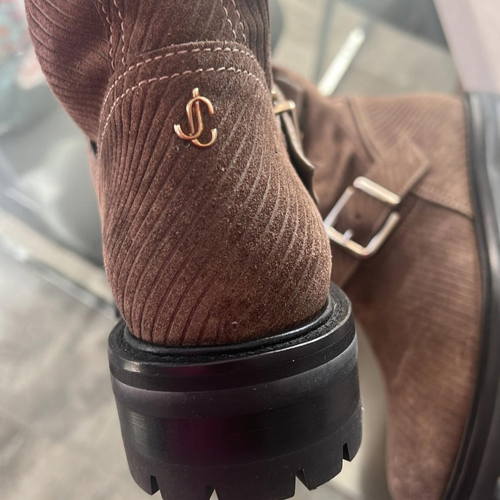 NEW Jimmy Choo Youth II Corduroy Suede Boots, Brown/Clay Size 37.5 New in Box