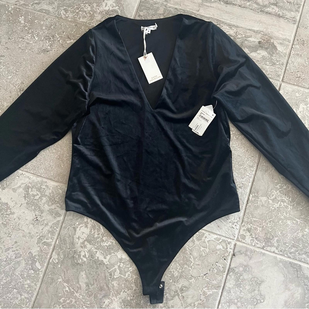 Good American Velvet Deep V-Neck Bodysuit, Black Size 4 (XL) New w/Tag