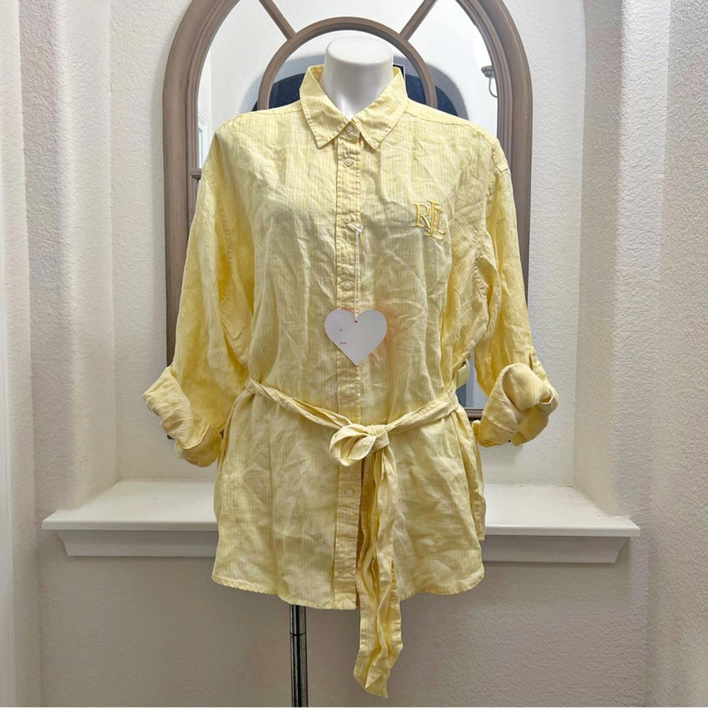 Lauren Ralph Lauren Linen Belted Tunic Blouse in Yellow, Plus Size 2X NEW
