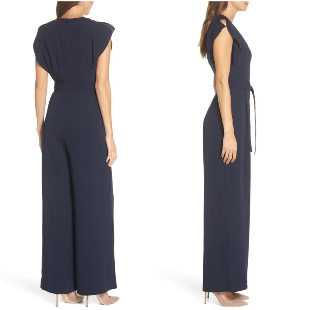 NEW Eliza J Flutter Sleeve Crepe Wide Leg Jumpsuit in Navy, Size 16 NEW w/o Tag