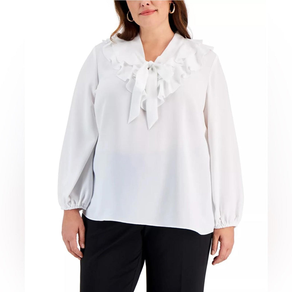 KASPER Ruffled Tie-Neck Blouse, Lily White, Plus Size 2X New w/Tag $89 SOLD OUT