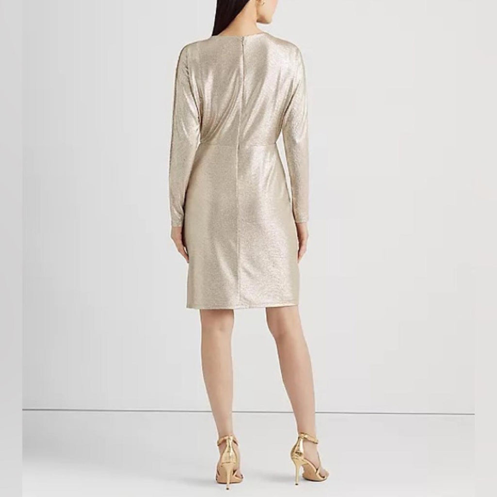 Lauren Ralph Lauren Metallic Stretch Knit Cocktail Dress in Tan/Gold, Size 8 NWT