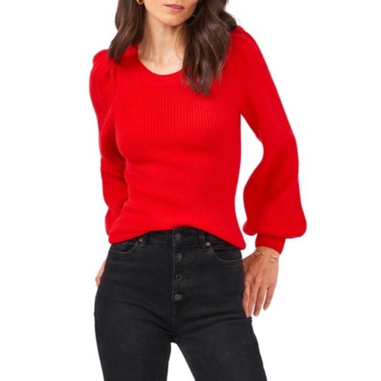 1.STATE Balloon Sleeve Crewneck Rib Sweater in Red, New, Size M