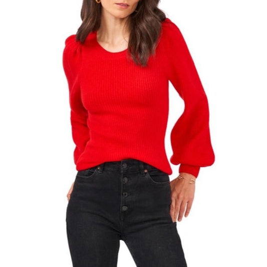 1.STATE Balloon Sleeve Crewneck Rib Sweater in Red, New, Size M