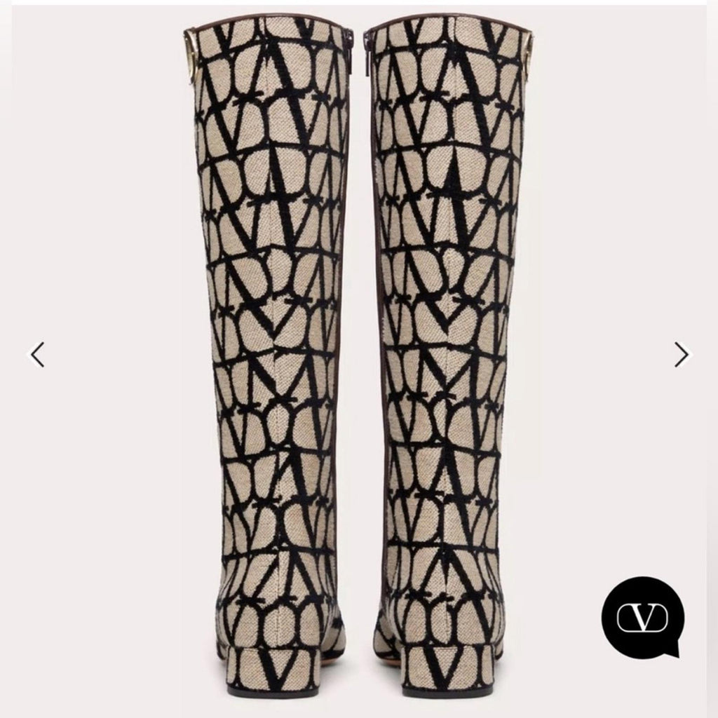 Valentino Garavani Toile Iconographe V-Logo Knee-High Boots, Size 37 +Box NEW