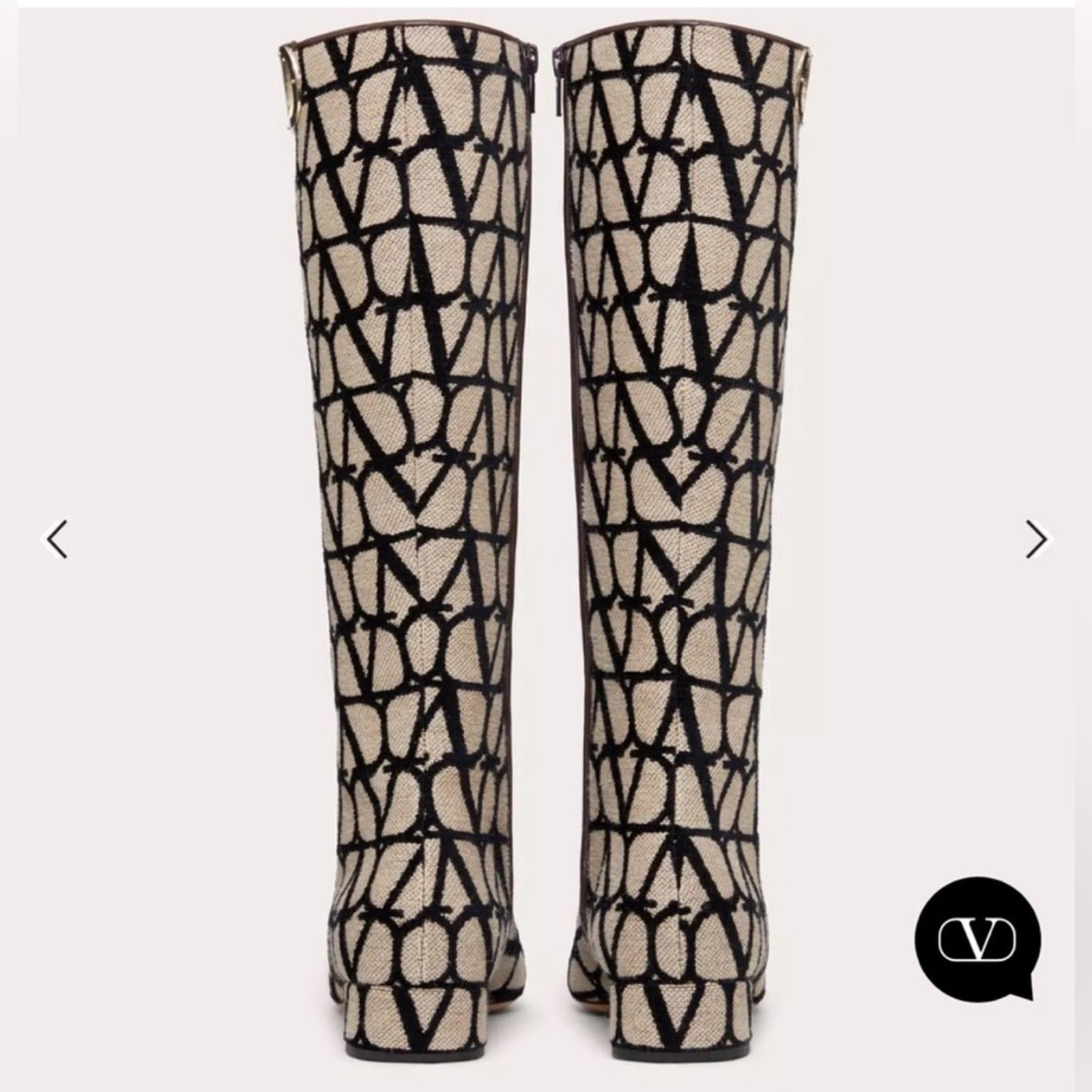 Valentino Garavani Toile Iconographe V-Logo Knee-High Boots, Size 37 +Box NEW