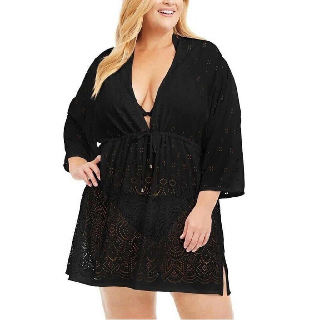 Dotti Solid Plunge Neck Swimsuit Cover-Up in Black, Plus Size 1X NEW w/Tag