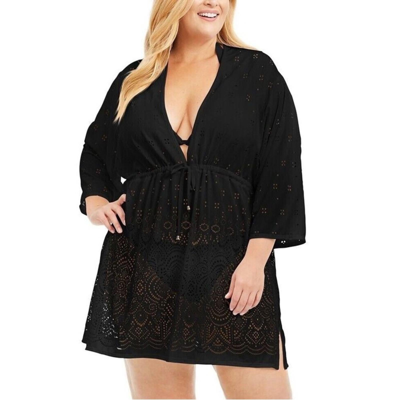 Dotti Solid Plunge Neck Swimsuit Cover-Up in Black, Plus Size 1X NEW w/Tag