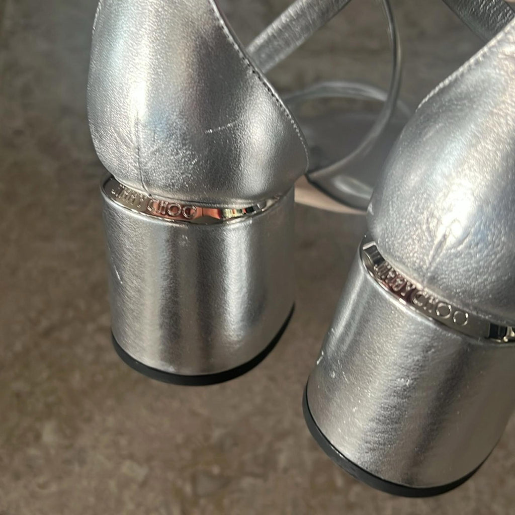 Jimmy Choo Rheea 65 Block Heel Sandals in Silver, Size 36 New in Box w/DustBag