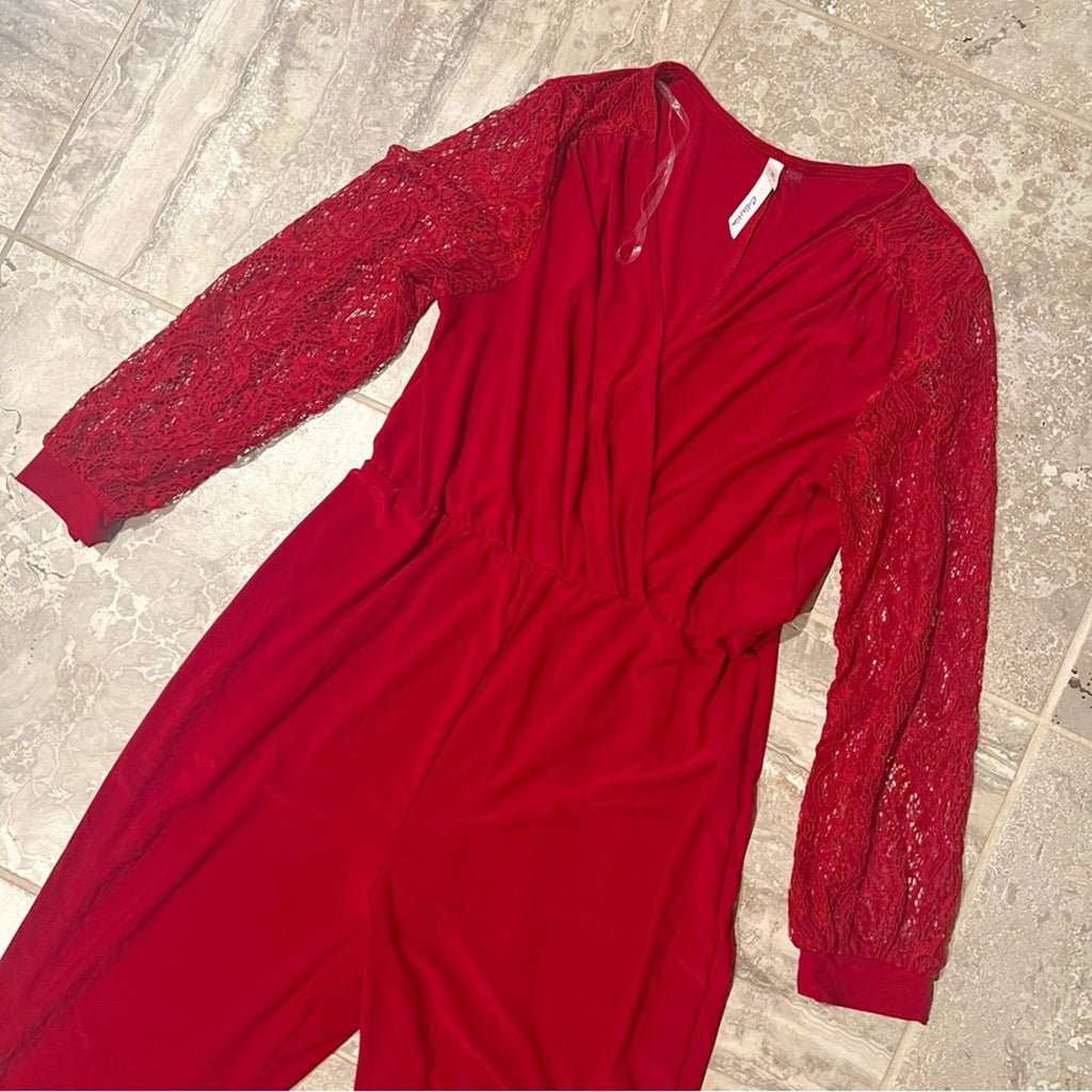 NEW NY Collection Jumpsuit with Lace Sleeves, Red Size XL New w/o Tag