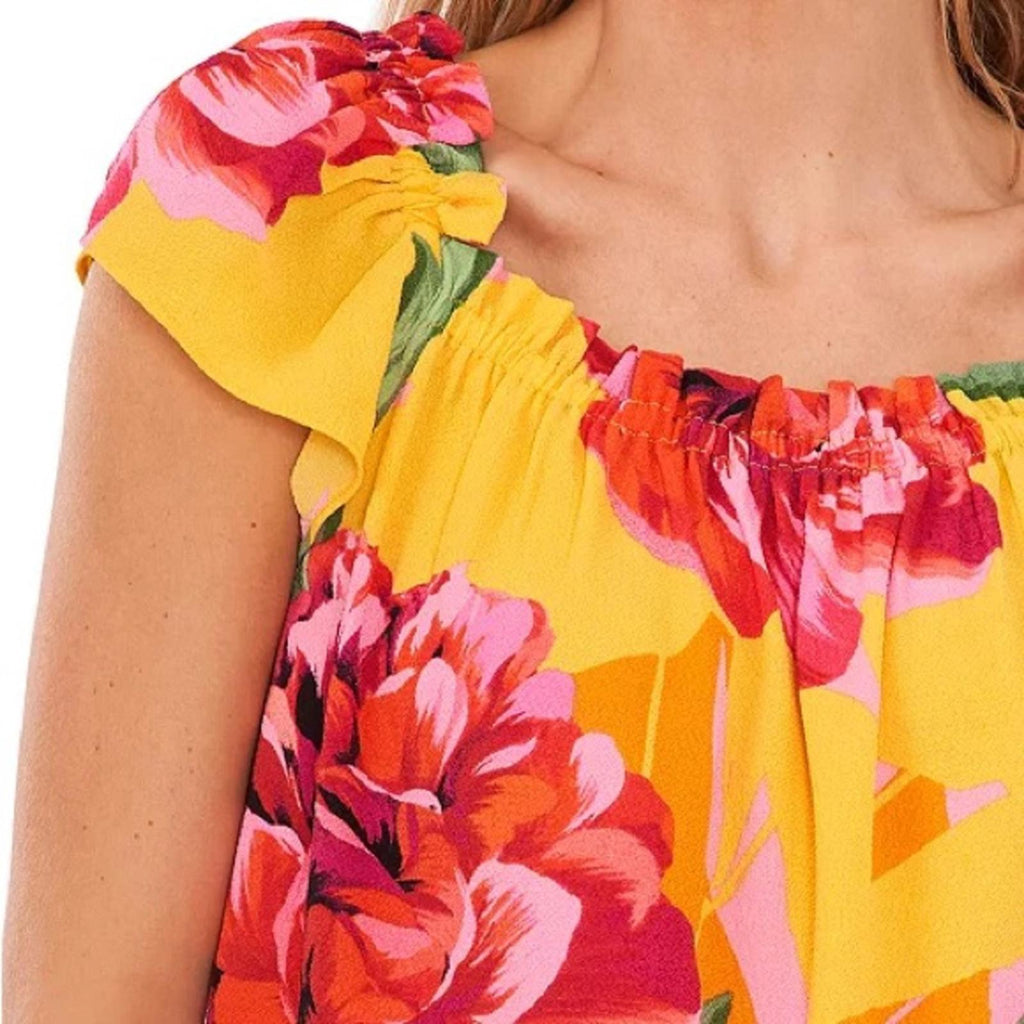 CeCe Ruffled-Neckline Floral Print Short Sleeve Blouse, NWT, Size L
