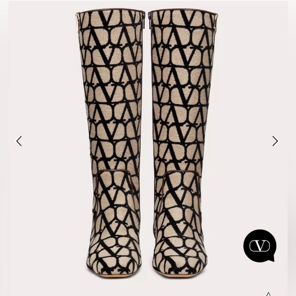 Valentino Garavani Toile Iconographe V-Logo Knee-High Boots, Size 37 +Box NEW