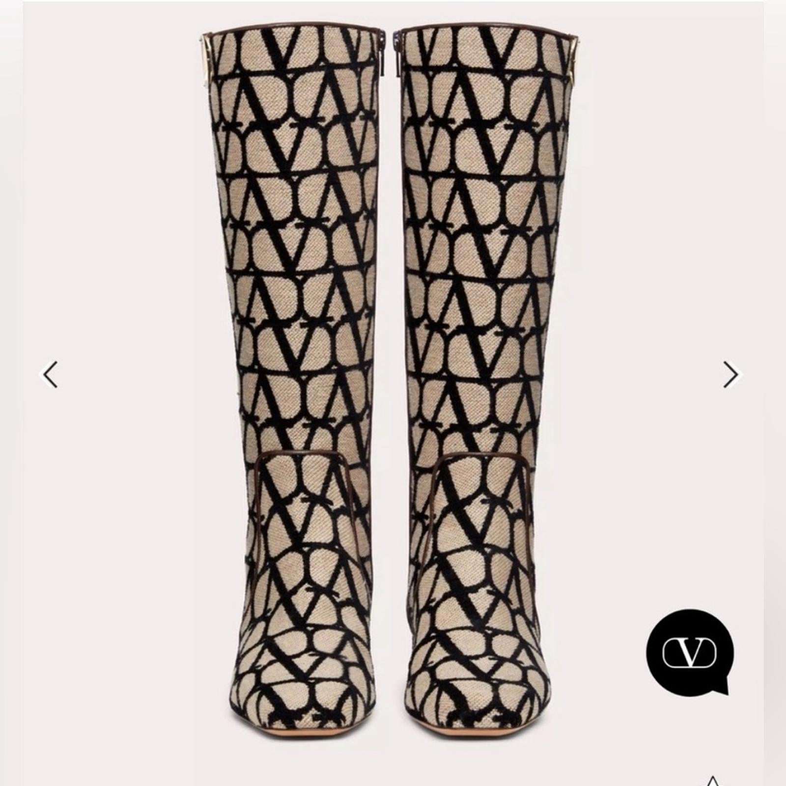 Valentino Garavani Toile Iconographe V-Logo Knee-High Boots, Size 37 +Box NEW