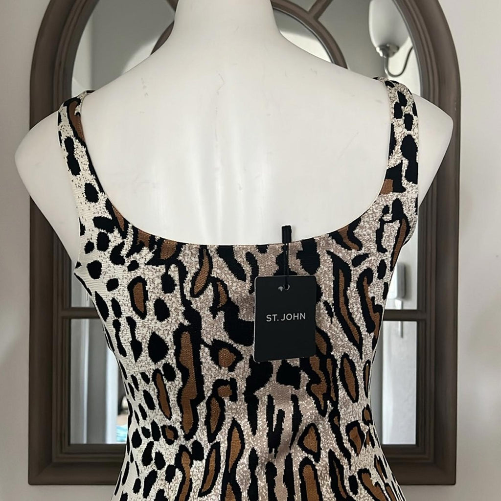 St. John Margay Animal Print Midi Dress in Brown Multi, Size 2 NEW w/Tag $1,295