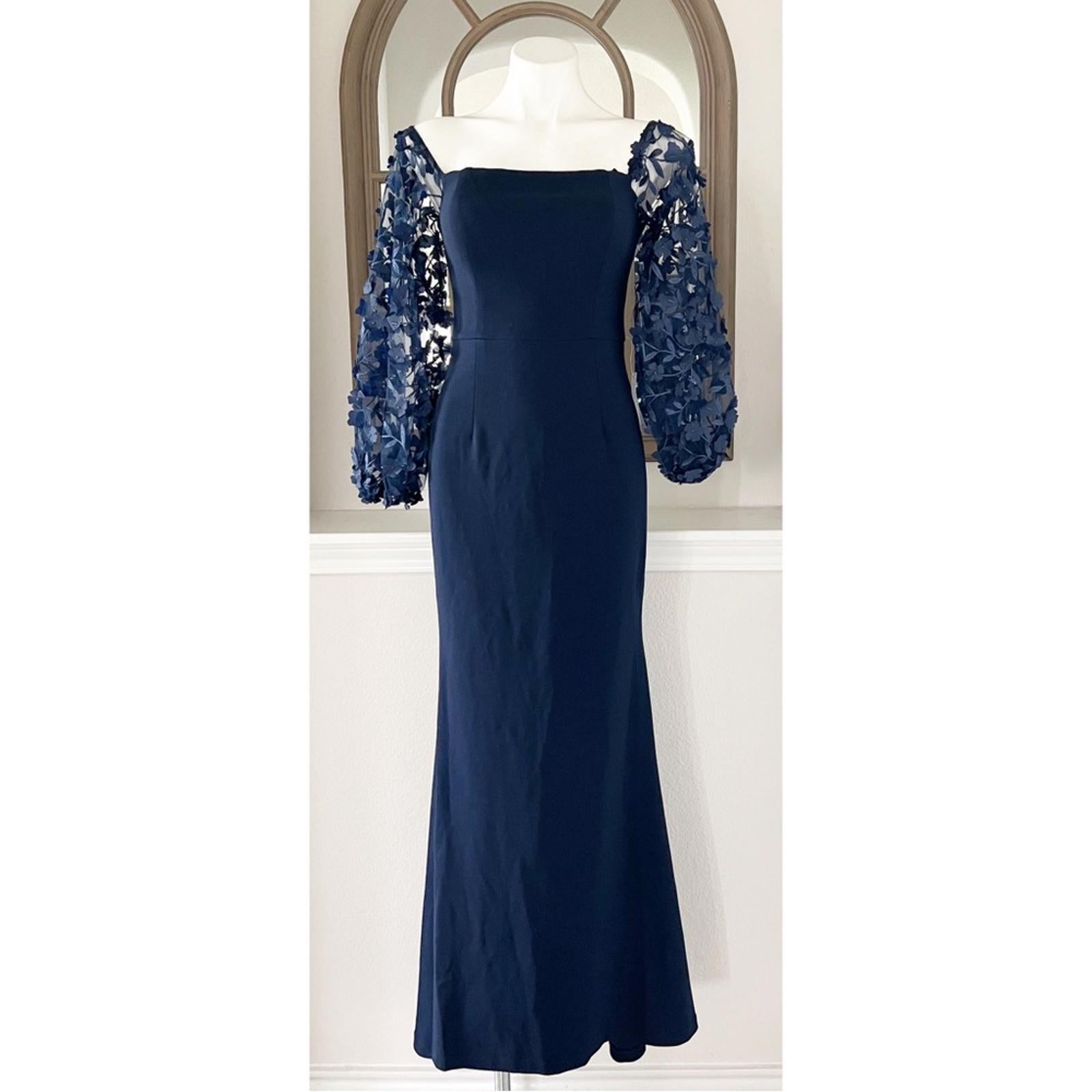 Eliza J. Off-the-Shoulder Mesh-Sleeve Gown in Navy, Size 4, New w/Tag
