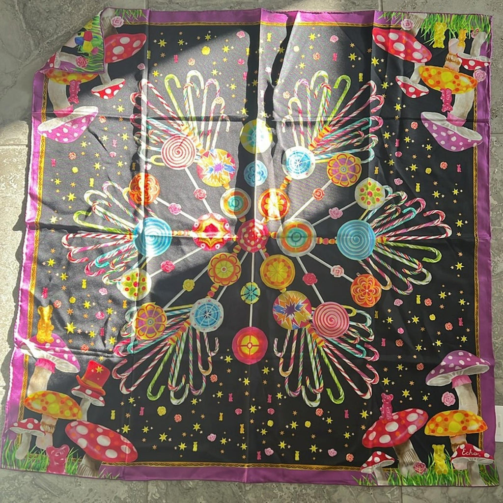 Echo Willy Wonka Silk Scarf with Candy & Mushroom Print, 35” x 35”New w/Tag $159
