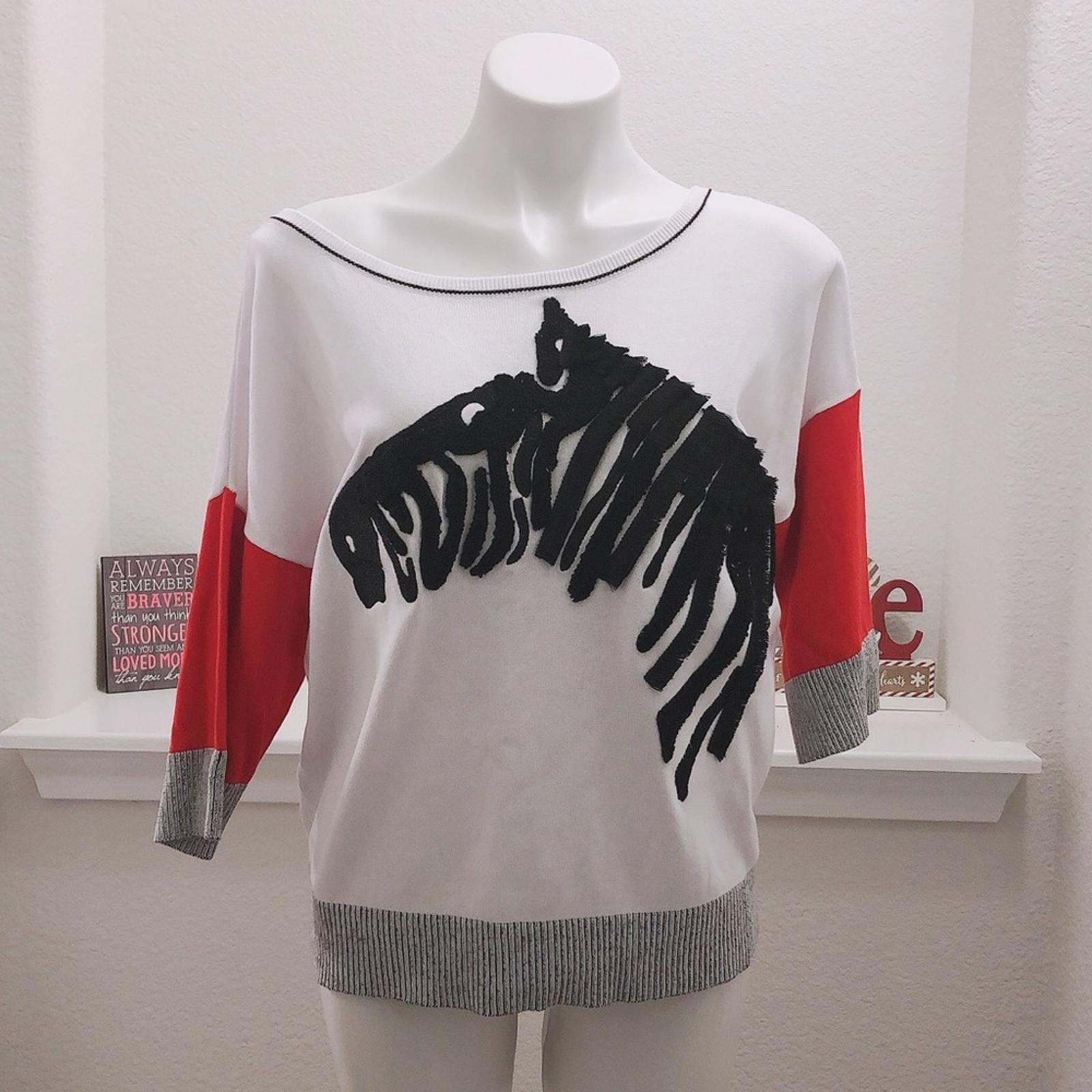 Gabby Isabella Zebra Fringe Sweater in White / Black Size XL New w/Tag