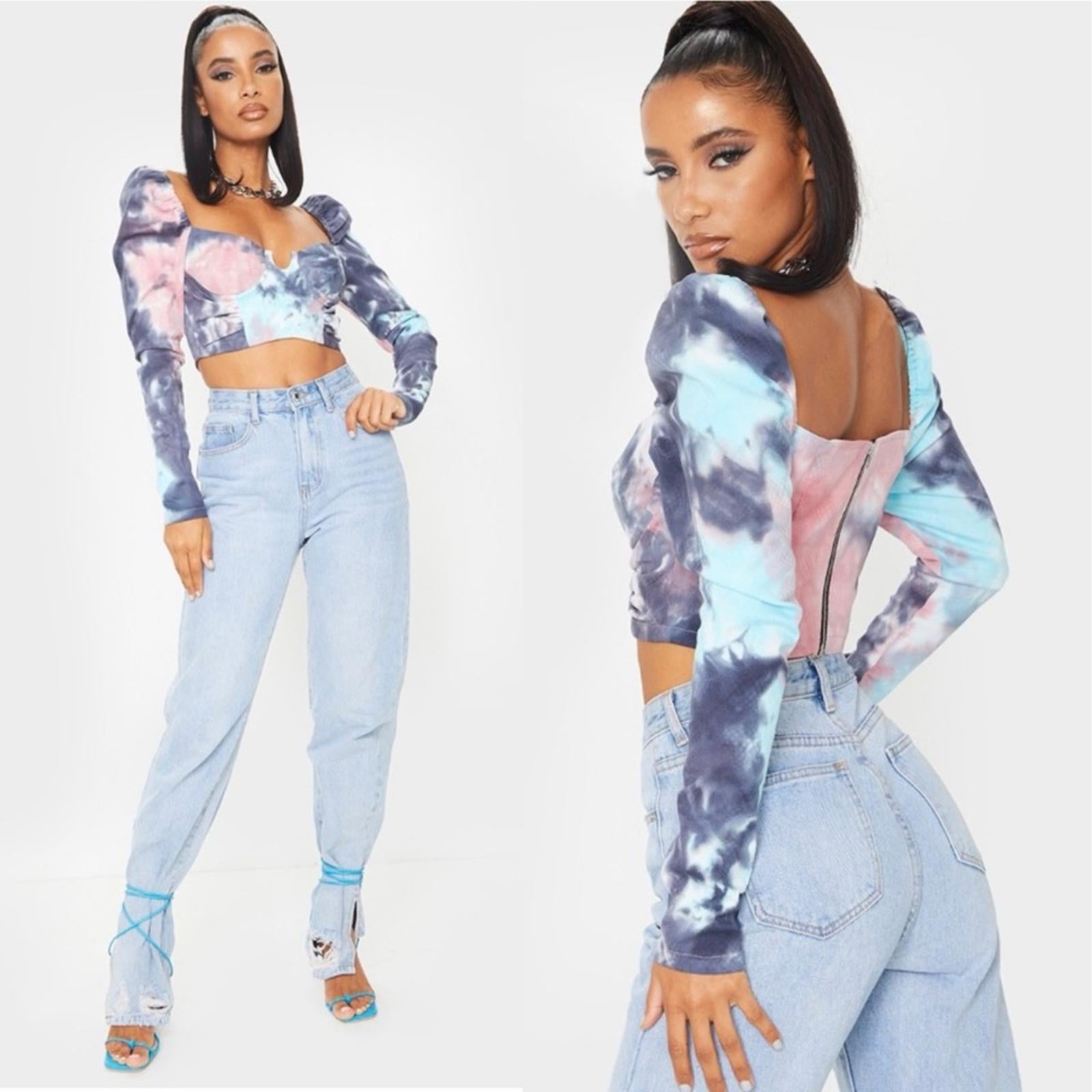 NWT PLT Purple Tie Dye Printed Cup Ruched Crop Top, Size 4 New w/Tag Retail $75