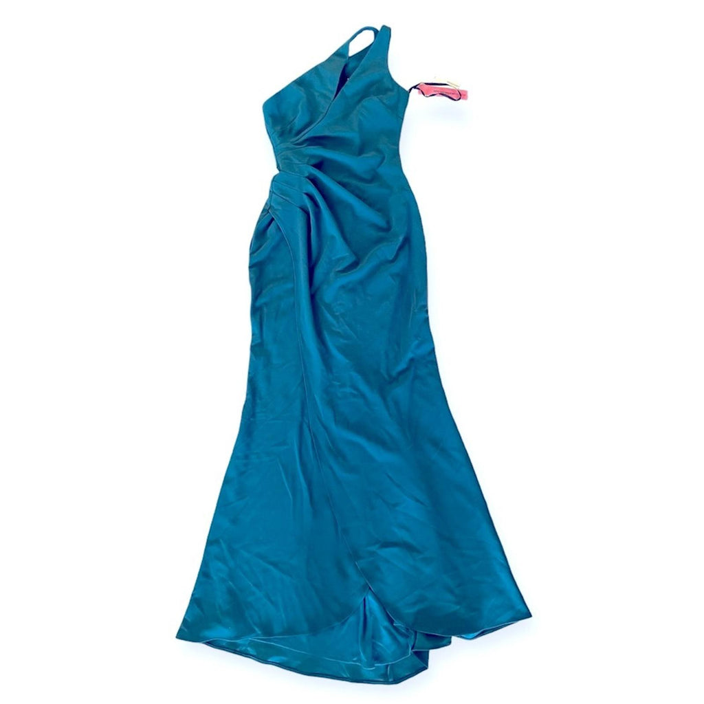 AQUA Cutout One Shoulder Gown, Teal Green, Size 0 New w/Tag Retail $258