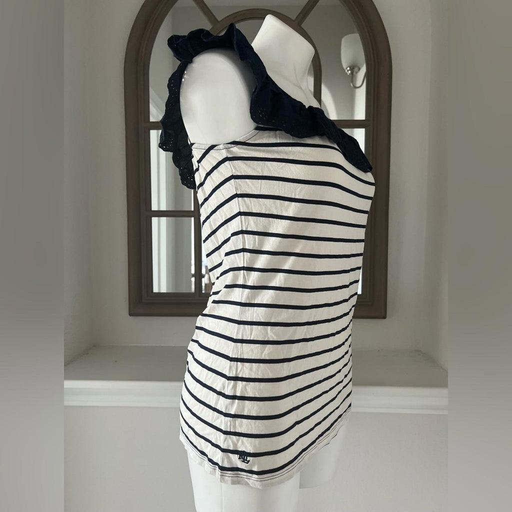 Lauren Ralph Lauren Striped Eyelet Ruffle Top, Cap Sleeve Round Neck Size XL NWT