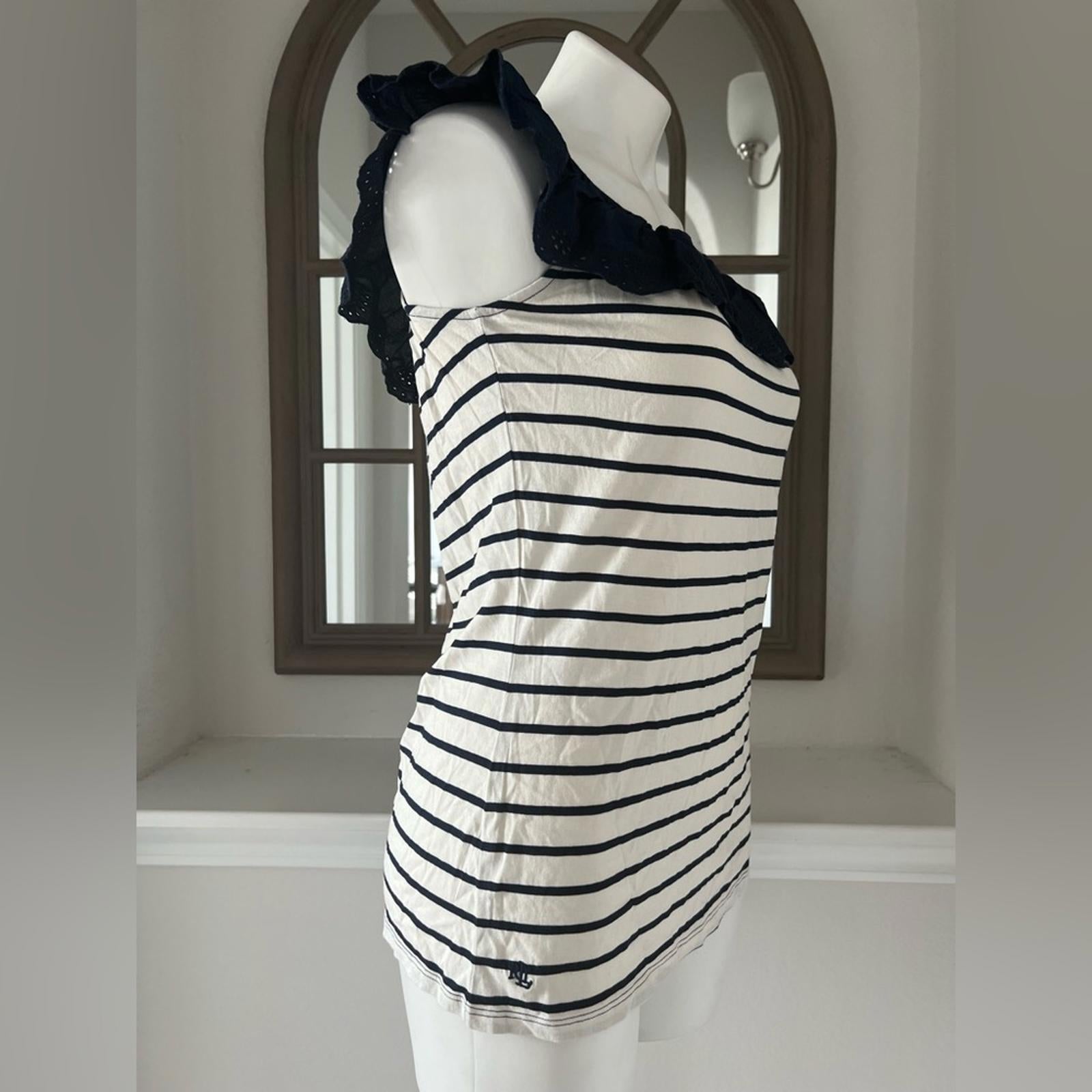 Lauren Ralph Lauren Striped Eyelet Ruffle Top, Cap Sleeve Round Neck Size XL NWT