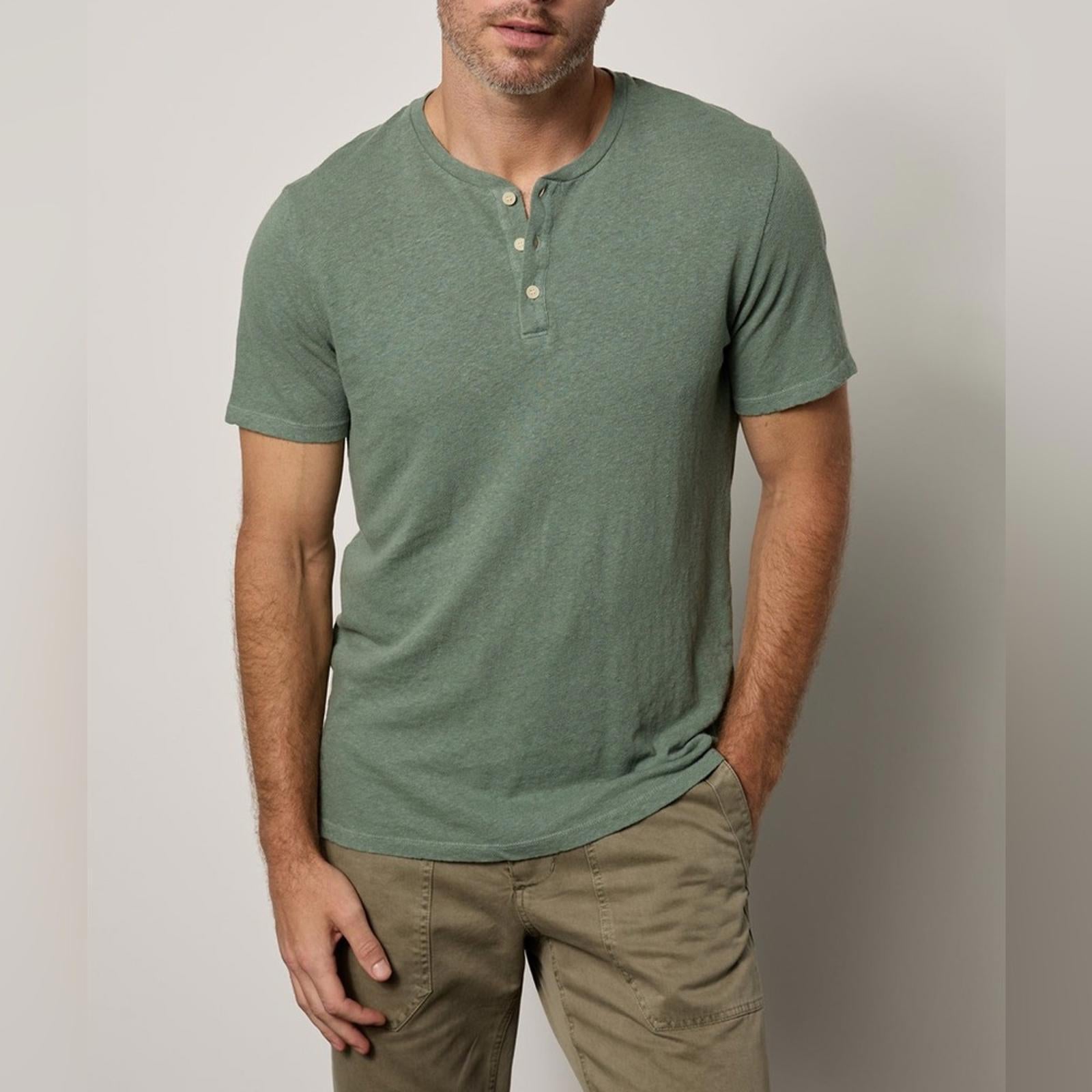 Velvet by Graham & Spencer Lionel Linen Blend Henley Shirt Green, NWT, Size XL
