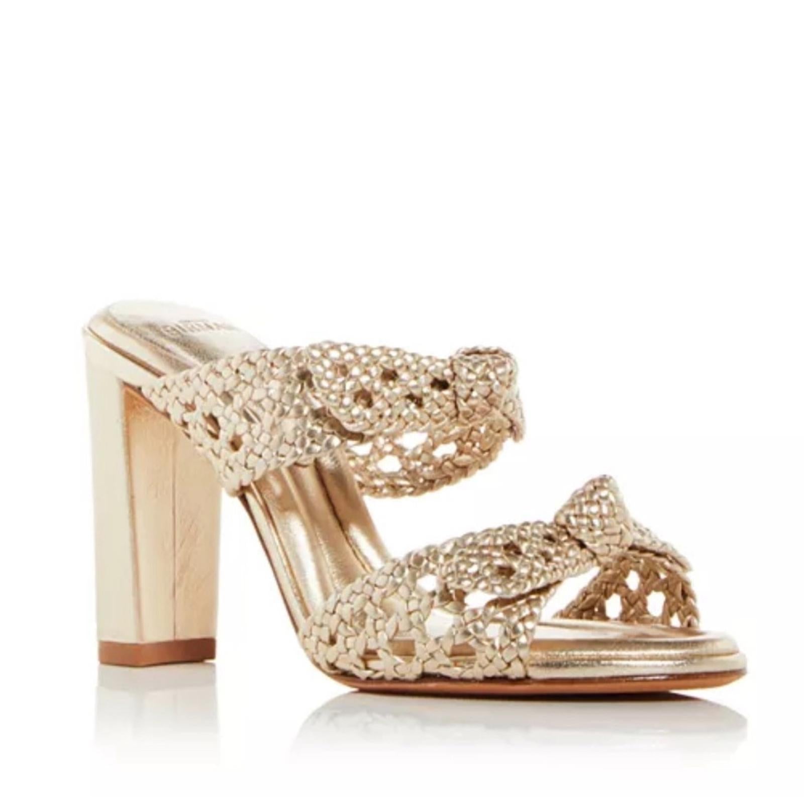 Alexandre Birman Clarita Braided Block Heel Sandals, Golden Size 37.5 NEW $795