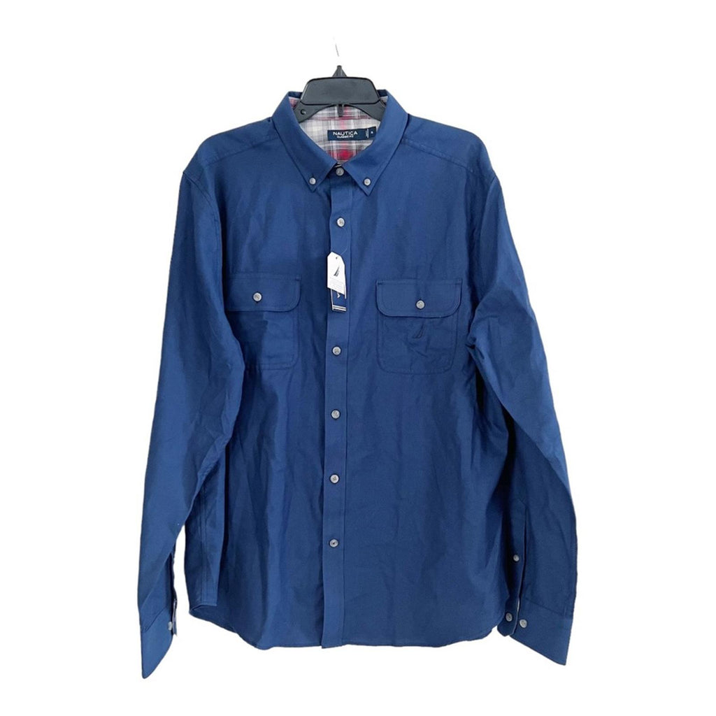 Nautica Twill Dress Shirt Navy Blue Plaid Detailed Rollable Sleeves, Size XL NWT
