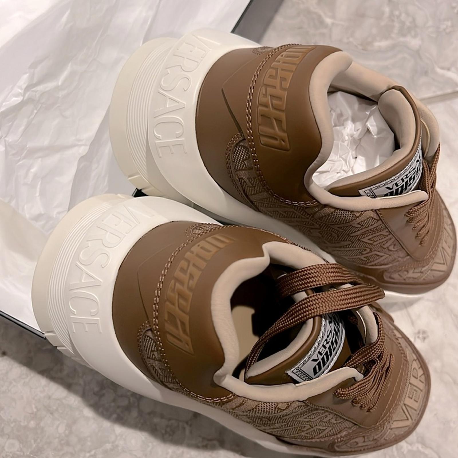 Versace AllOver Logo Odissea Low-Top Men’s Sneakers, Beige-Brown, New, Size 42.5