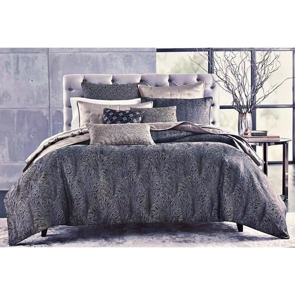 Hudson Park Collection Deco Fan King Duvet Cover, Black Grey New in Box $470