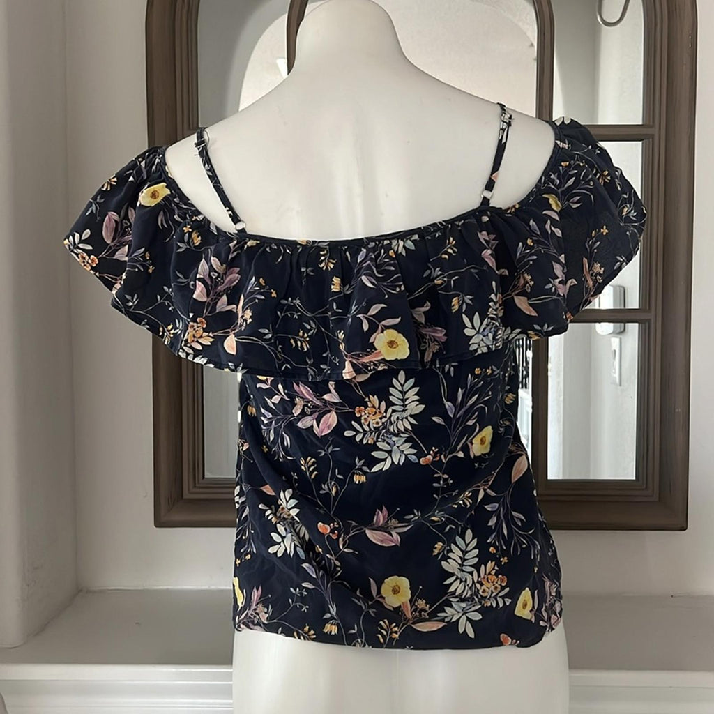AMOUR VERT 100% Silk Floral Cold Shoulder Blouse, Blue Multi Size XS