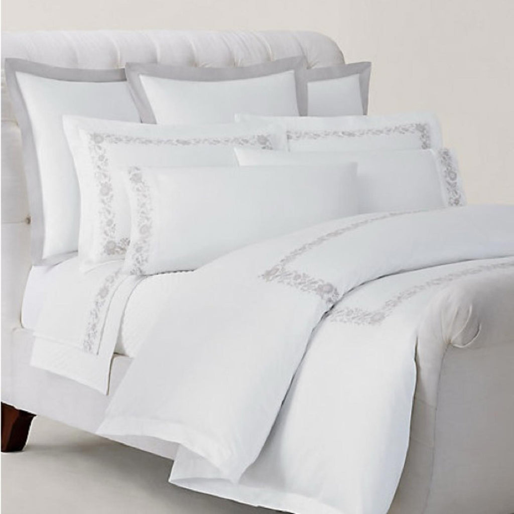 Ralph Lauren Organic Cotton Eloise Embroidery Queen Flat Sheet, Platinum, NEW