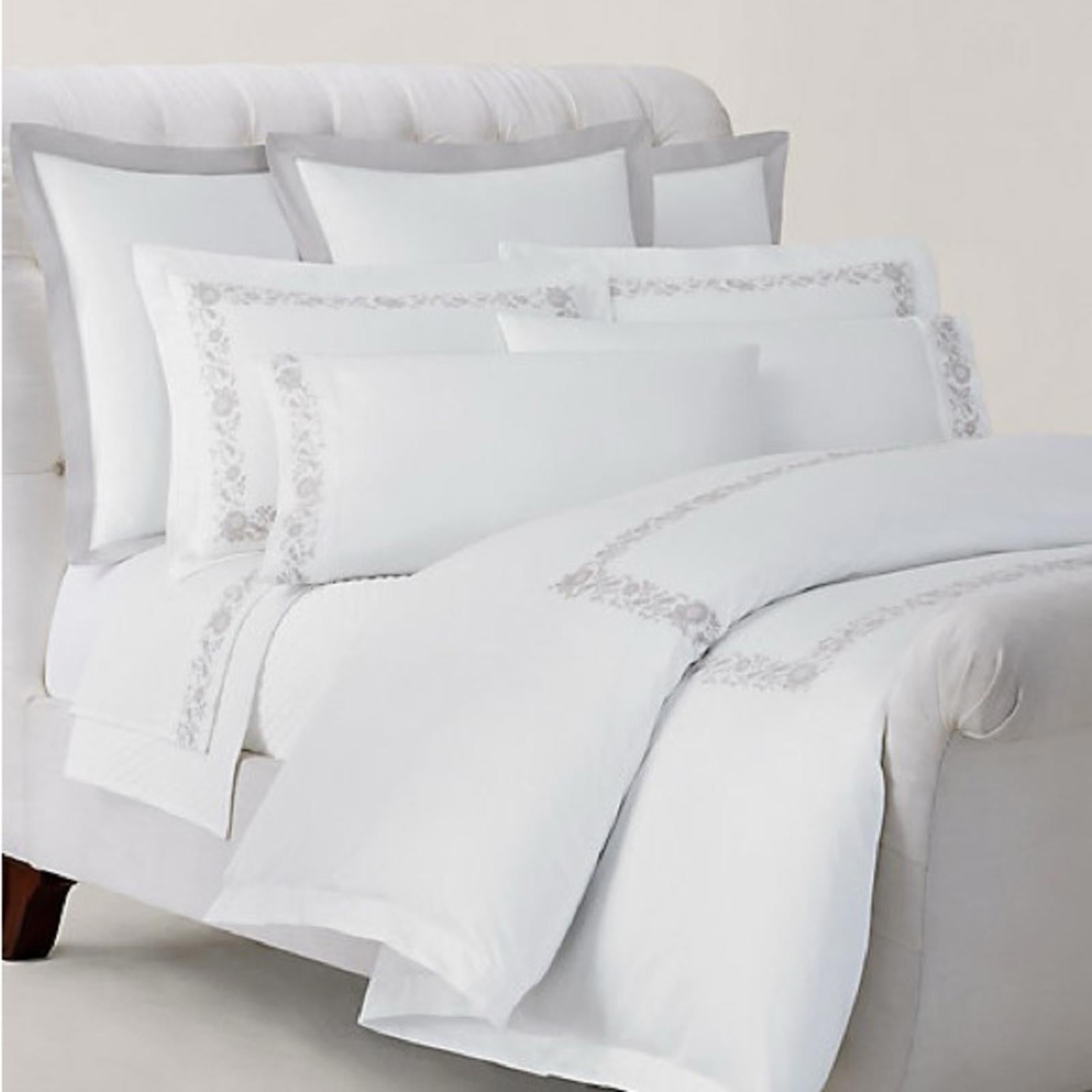 Ralph Lauren Organic Cotton Eloise Embroidery Queen Flat Sheet, Platinum, NEW