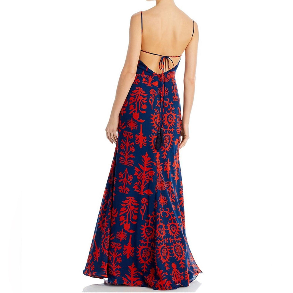 Andres Otalora Printed Chiffon Tie Back Gown in Blue & Red, NWT, Size 0