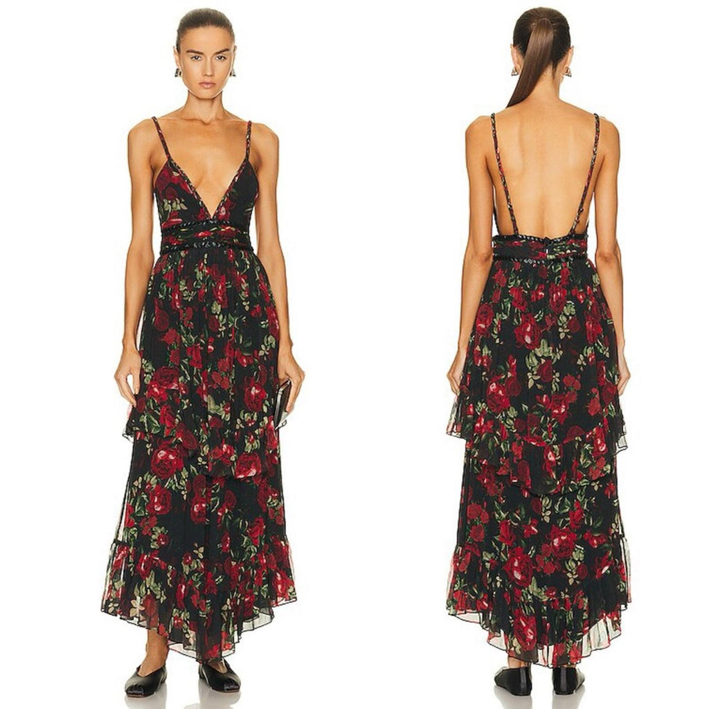 Rococo Sand Tiered Maxi Dress in Black/Red Roses, NWT, Size XS Retail $478