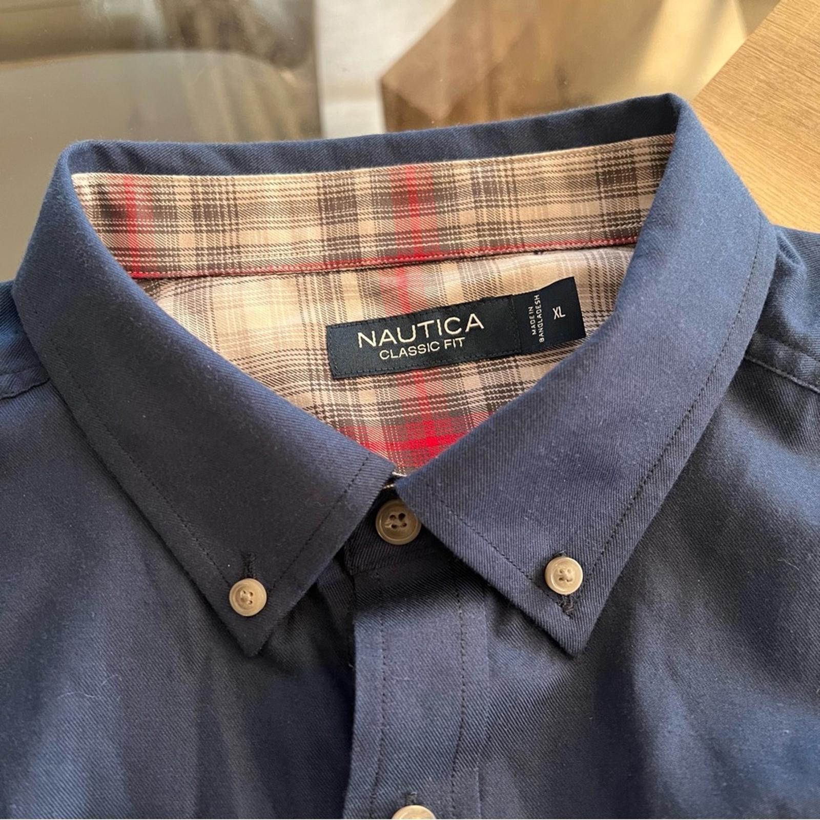 Nautica Twill Dress Shirt Navy Blue Plaid Detailed Rollable Sleeves, Size XL NWT