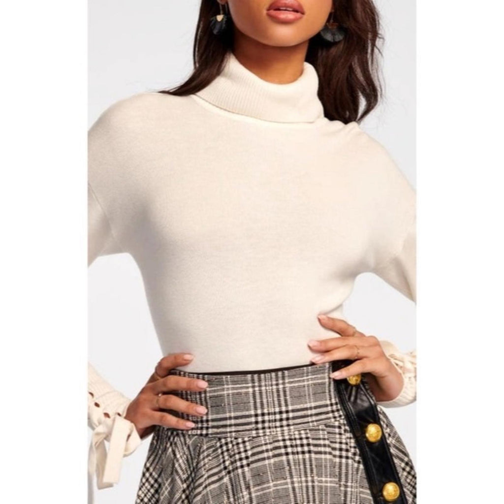 Ramy Brook Walt Turtle Neck Long Lace-up Sleeve Top In Cream, Size S New w/Tag