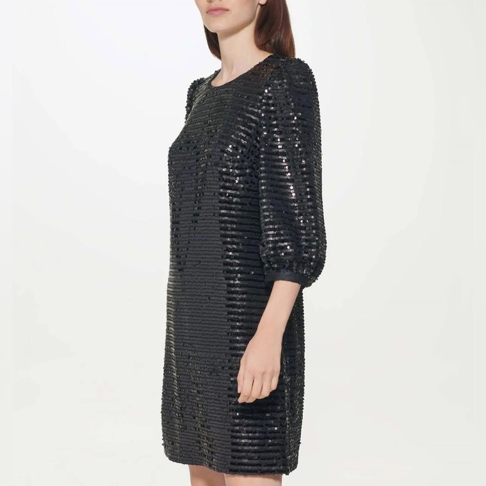 Karl Lagerfeld Sequin Puff Sleeve Shift Dress in Black, Size 0 New w/Tag