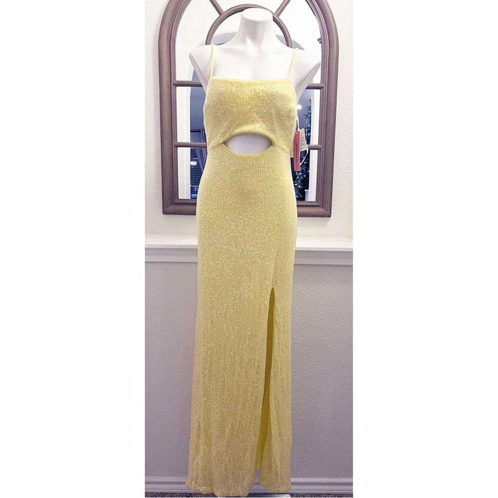 Bloomingdale’s Aqua Cutout Waist Sequin Column Gown in Yellow, Size 8 NEW $308