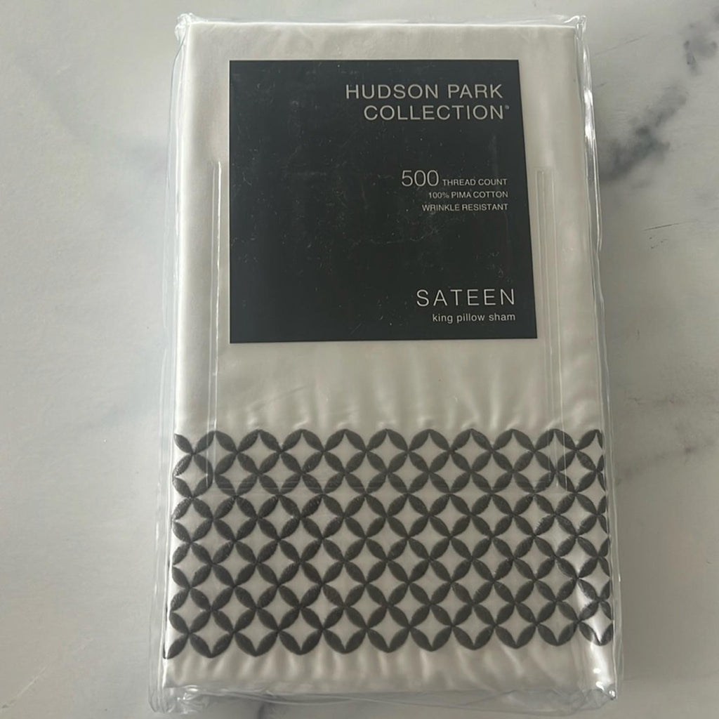 Hudson Park Collection Embroidered Geo King Sham 500 Thread Count White/Charcoal
