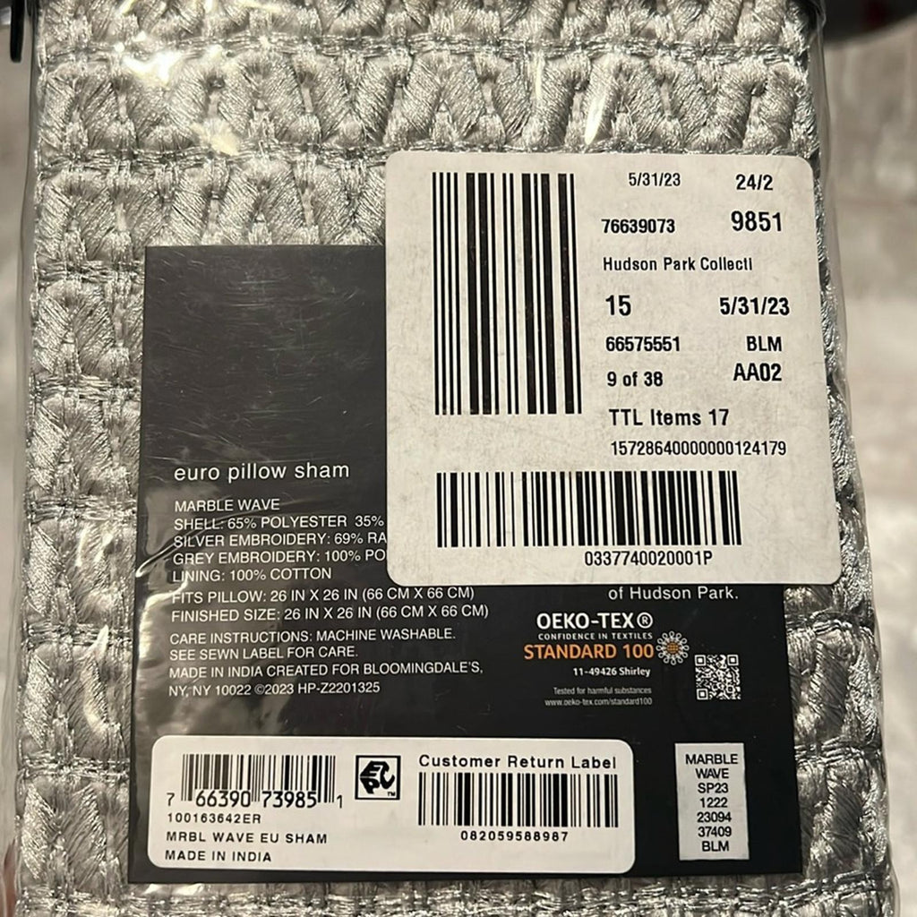 Hudson Park Collection Marble Wave Euro Sham in Silver, New w/Tag, Retail $185