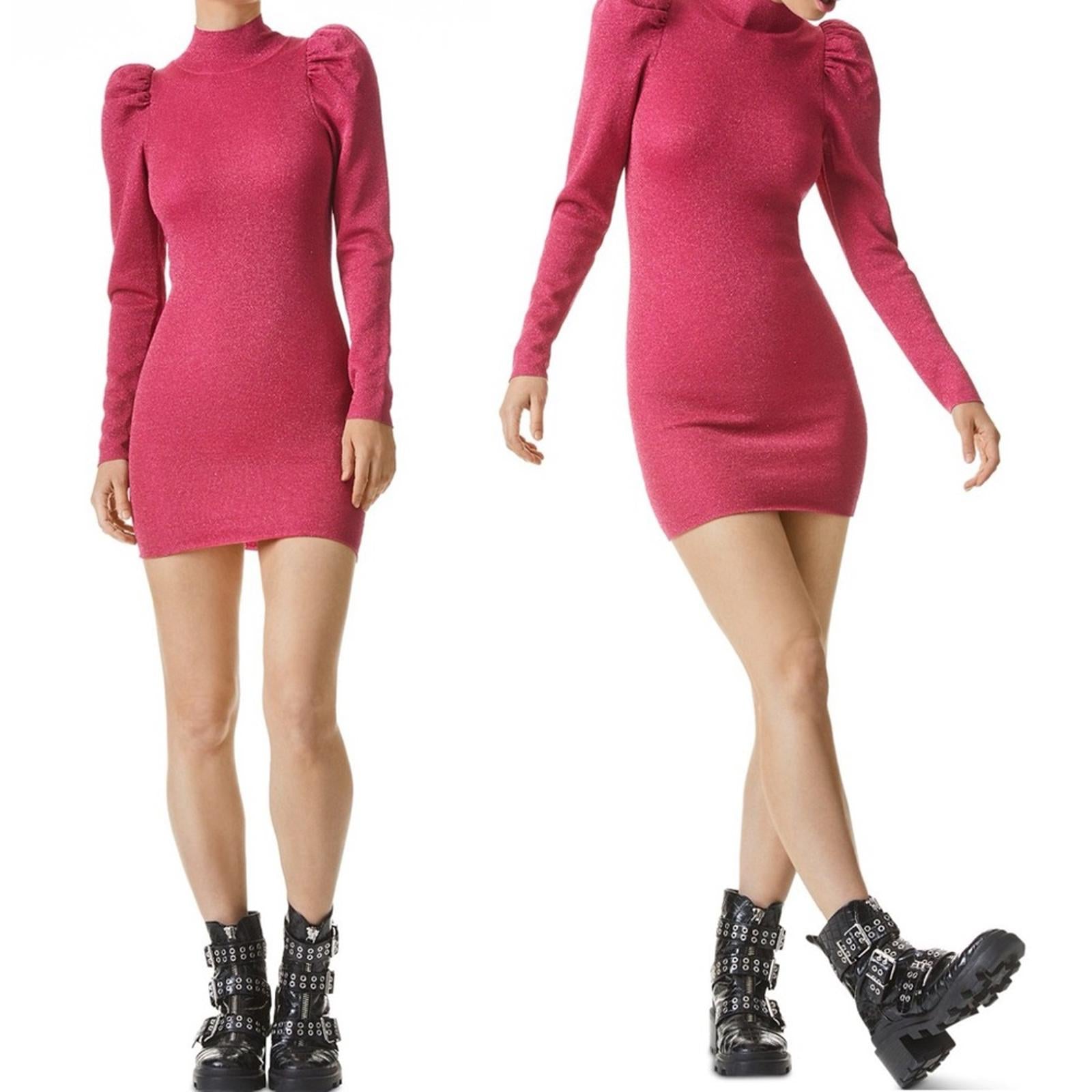 Alice+Olivia Issa Turtleneck Puff Sleeve Dress, Pink Metallic Size L NWT $395