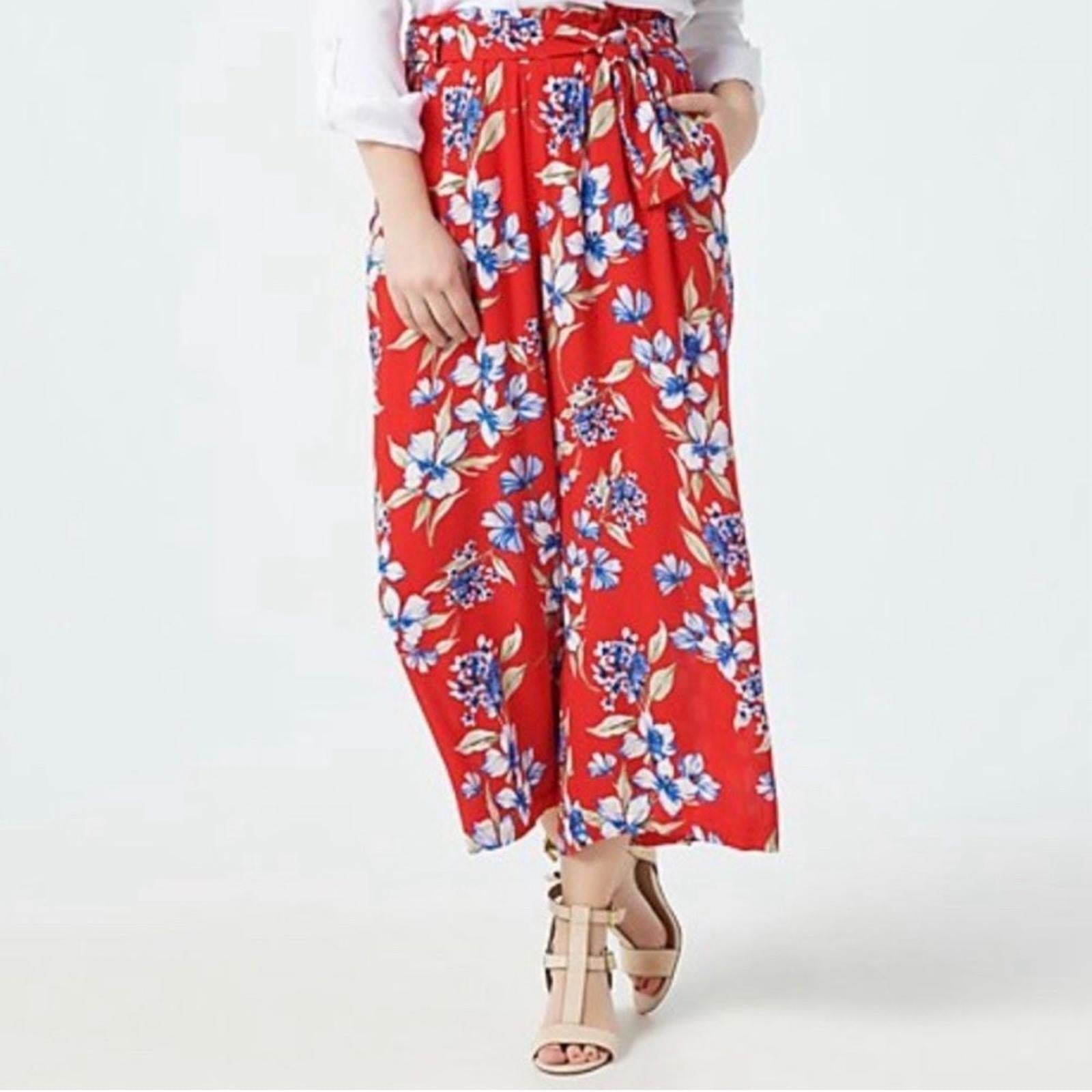 Gibson Look Cropped Wide Leg Belted Pants in Red Print, Size XL New in Packaging